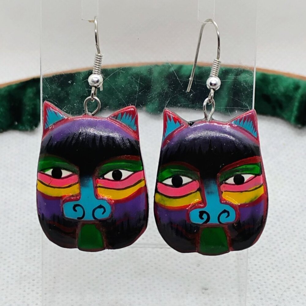 Wood Painted Cat Dangle Earrings Egyptian Asian Boho Style - Picture 2 of 4